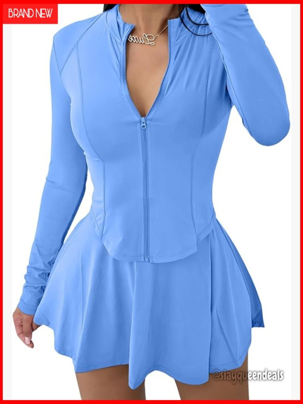 Long Sleeve Zipper Jacket & Pleated Mini Skirt 2-Piece Set - Slim Fit